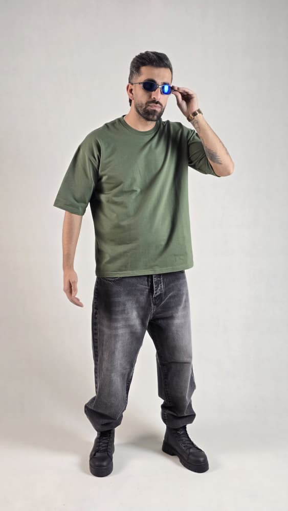 تیشرت باکسی مچینست سبز زیتونی کد 153